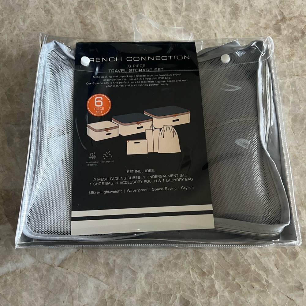 French Connection 6pc Gray Travel Storage Set. Ultra Lightweight Waterproof.